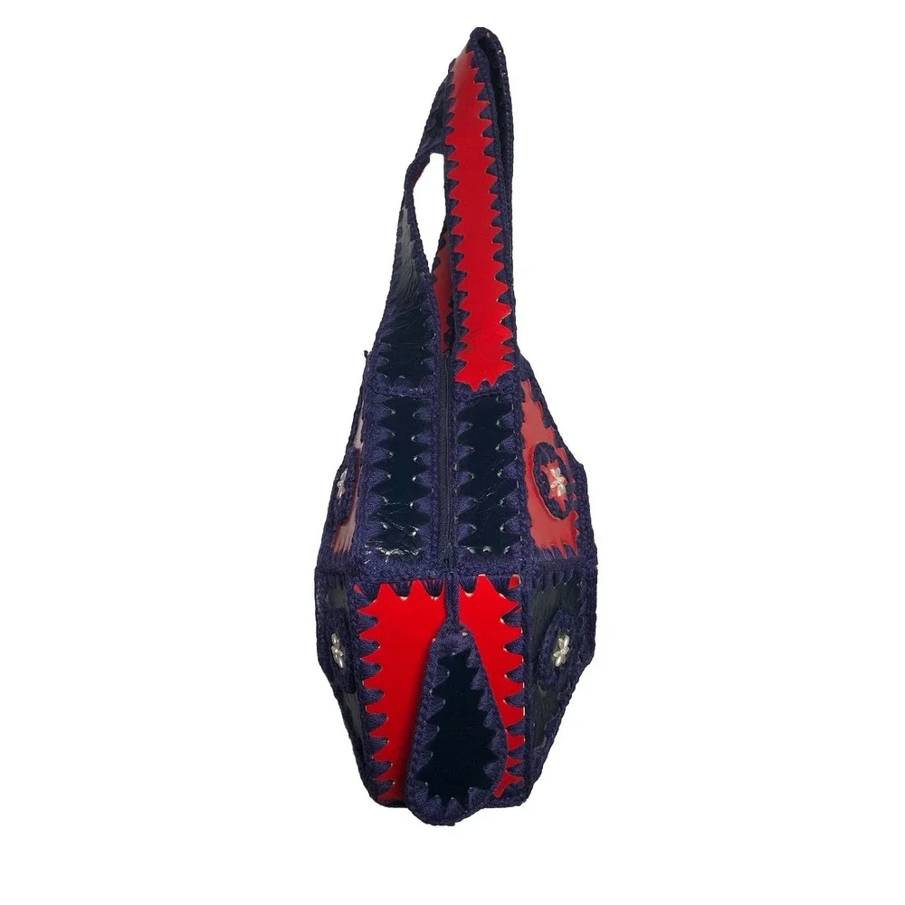 Vtg‎ 1970s Boho Purse Crochet Hexagon Patchwork Leather Handbag Hippie Red Blue
